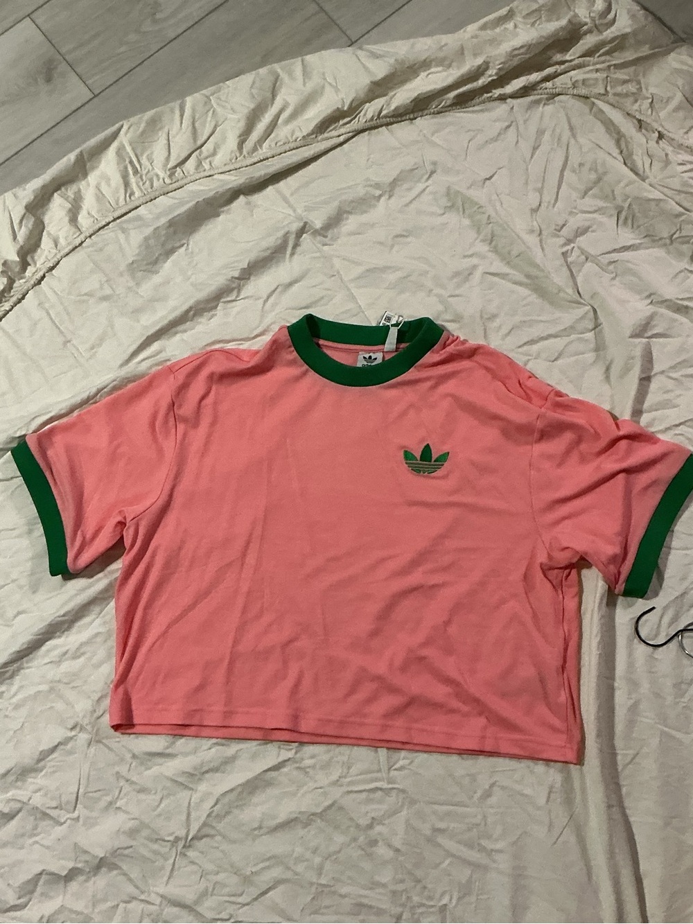 adidas Pink Tee with Green Ringer Collar
